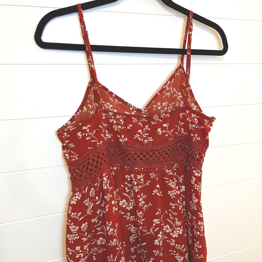 Womens Red Floral Print Mini Dress Spaghetti Straps Crochet Summer Sundress L - Picture 9 of 12